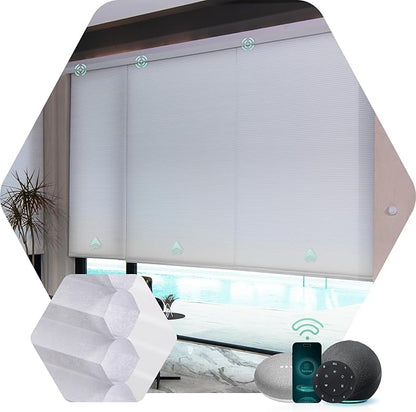 Yoolax Motorized Cellular Shades Compatible with Alexa, Light Filtering Motorized Blinds Smart Honeycomb Shades for Windows, Automatic Blinds with Remote (Light Filtering White)
