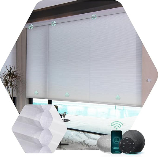 Yoolax Motorized Cellular Shades Compatible with Alexa, Light Filtering Motorized Blinds Smart Honeycomb Shades for Windows, Automatic Blinds with Remote (Light Filtering White)