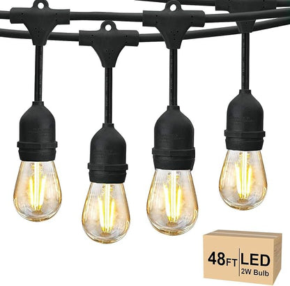 Svater 48 FT Outdoor String Lights 2W Commercial Grade Waterproof S14 ETL | Outside Patio Light with Shatterproof Antique Edison E26 LED Bulbs, Connectable Hanging Strand for Bistro Cafe Market 2700K