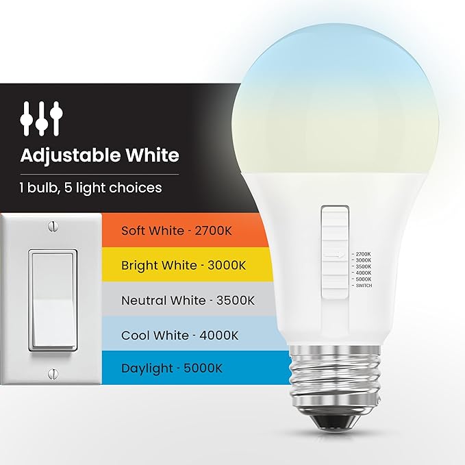 Feit Electric A19 LED Light Bulb, 60W Equivalent, Dimmable, Color Selectable 6-Way, 5CCT, E26 Medium Base, 90 CRI, 800 Lumens, 22-Year Lifetime, Damp Rated Lightbulb OM60DM/6WYCA/2, 2 Bulbs