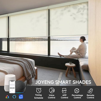 Motorized Light Filtering Roller Shades with Remote Control, Electric Smart Shades Compatible with Alexa and Google, Rechargeable, Customizable Size (Light Beige)