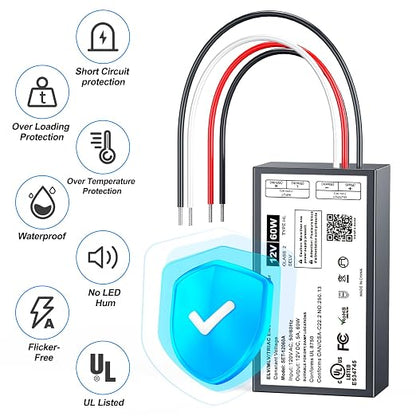 60W Dimmable LED Driver 12V,Triac ELV/MLV LED Transformer Compatible with Lutron&Leviton Switches,Dimmable Power Supply for Indoor/Outdoor Lights,UL&FCC-Listed