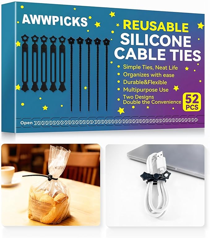 Silicone Cable Ties 52PCS Reusable Cord Organizer for Home Travel | Cord Organizer for Charging Cables, Data Cables & Computer Wires, Multipurpose Elastic Cable Management Straps（Black）