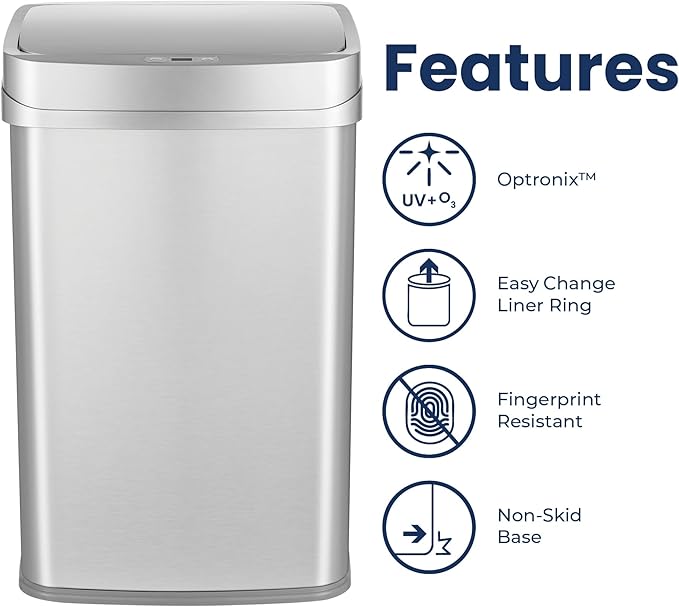 Ninestars 13 Gallon Odor Neutralizing Smart Trash Can, UV + Ozone Dual Purification, Odor Control Motion Sensor Garbage Bin, Universal Power Adapter, ONT-50-81SL Stainless Steel, Silver, Nova Series
