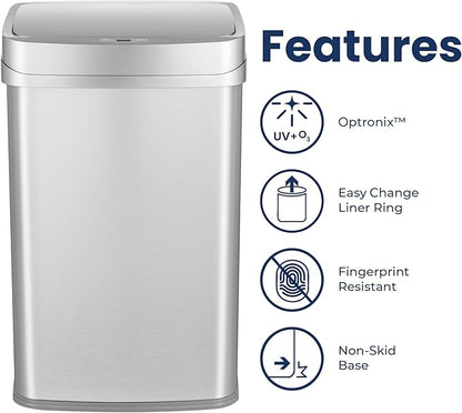 Ninestars 13 Gallon Odor Neutralizing Smart Trash Can, UV + Ozone Dual Purification, Odor Control Motion Sensor Garbage Bin, Universal Power Adapter, ONT-50-81SL Stainless Steel, Silver, Nova Series