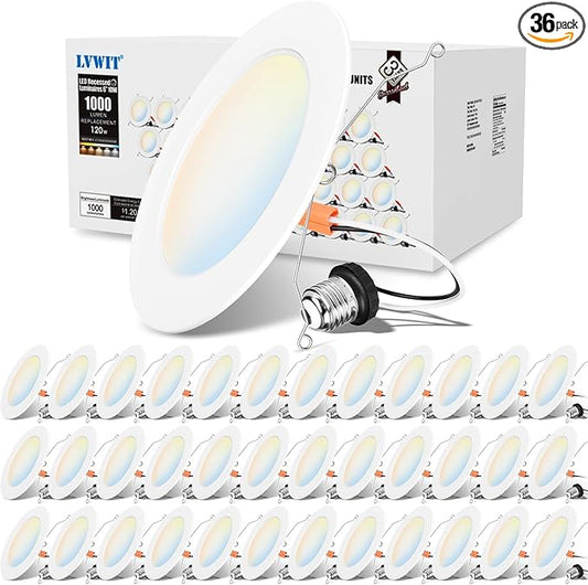 LVWIT Recessed Lights 6 Inch 36 Pack, Modern Retrofit LED Recessed Lighting, 5CCT Color Selectable, Dimmable LED Can Lights with E26 Conversion Kit