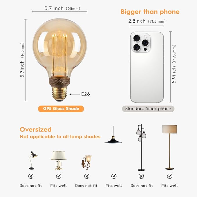 Globe Edison LED Light Bulb, Vintage Decorative Dimmable Bulb Round Glass Cover, 3.5W Low Lumen Eye-Caring Soft Dim Lighting for Mood(Not Daylight White), E26 Medium Base, Amber RN G95