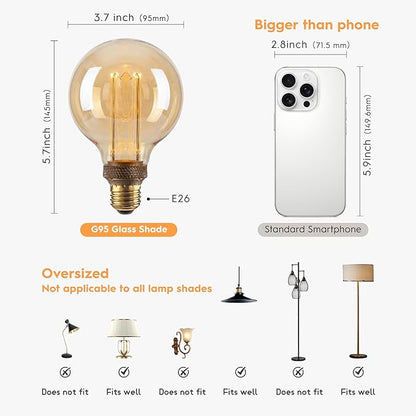 Globe Edison LED Light Bulb, Vintage Decorative Dimmable Bulb Round Glass Cover, 3.5W Low Lumen Eye-Caring Soft Dim Lighting for Mood(Not Daylight White), E26 Medium Base, Amber RN G95