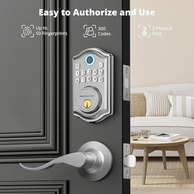 AkaGear DS10 Keyless Entry Door Lock with 2 Lever Handle, Fingerprint, Keypad Code, 2 Keys, Smart Locks for Front Door, Bedroom, One-time Code, Auto-Lock, Easy Installation - Satin Nickel