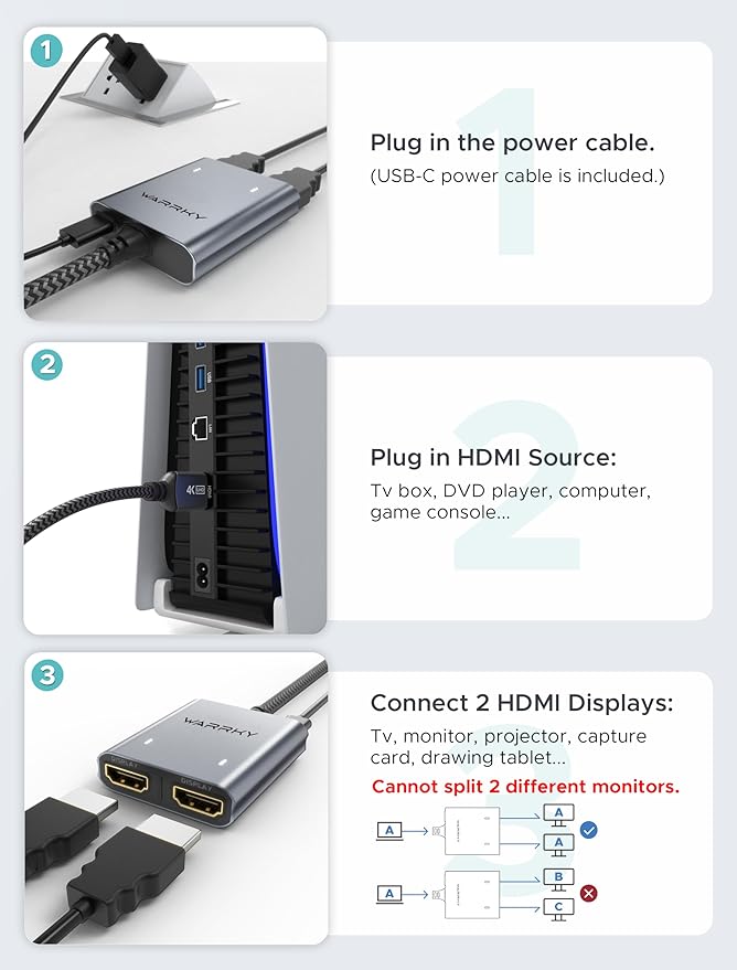 Warrky HDMI Splitter 4K, Display Mirror Same Screen Only (Not Extend Screen), HDMI Splitter 1 in 2 Out [USB-C Powered, Metal Shell, 3.3 Ft Braided Cable], 1x2 for Dual Monitors, Grey-4K UHD