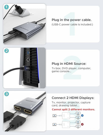 Warrky HDMI Splitter 4K, Display Mirror Same Screen Only (Not Extend Screen), HDMI Splitter 1 in 2 Out [USB-C Powered, Metal Shell, 3.3 Ft Braided Cable], 1x2 for Dual Monitors, Grey-4K UHD