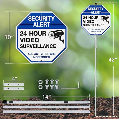 Faittoo Security Sign Video Surveillance Sign with 42" Stake, 2-Pack 10"x10" Rust Free Heavy Aluminum, Reflective, Fade Resistant, 2 Pe-drilled Holes, Includes Matching Screws & Wrench