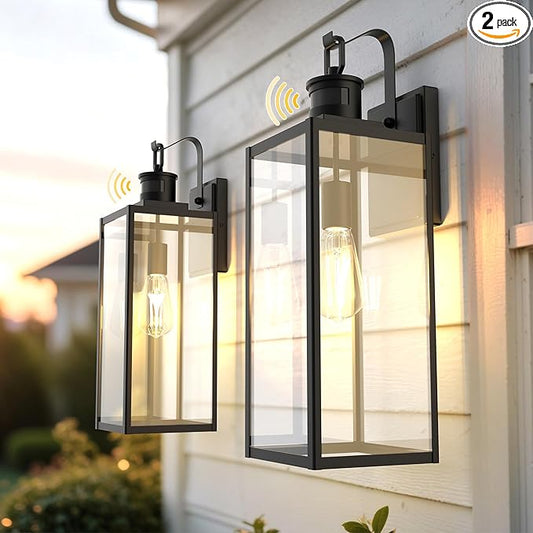 L LOHAS LED Large Size Motion Sensor Outdoor Wall Lights, 20 Inch Black Waterproof Anti-Rust Outdoor Light Fixtures Wall Mount with Clear Glass Shade for Porch, Garage, ETL Listed, 2 Pack