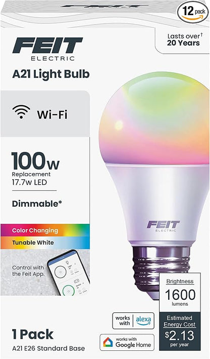 Feit Electric Smart Bulb, 100W Equivalent Color Changing & Tunable White, 2.4Ghz WiFi Light Bulb, Works with Alexa & Google Assistant, High CRI Dimmable LED OM100/RGBW/CA/AG, 1 Count (Pack of 12)