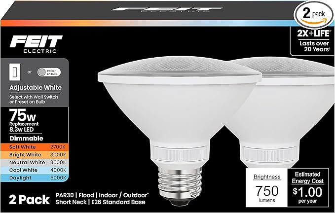 Feit Electric LED PAR30 Short Neck Light Bulb, Dimmable, Adjustable White 2700K-5000K, High CRI, Enhance Series, 25,000-Hour Lifetime, Indoor/Outdoor Use, 75-Watt LED (Short Neck)