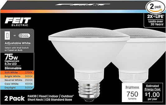 Feit Electric LED PAR30 Short Neck Light Bulb, Dimmable, Adjustable White 2700K-5000K, High CRI, Enhance Series, 25,000-Hour Lifetime, Indoor/Outdoor Use, 75-Watt LED (Short Neck)