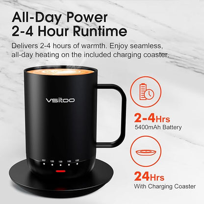 Vsitoo S3 Pro 16oz Smart Self Heating Coffee Mug,Heated Coffee Mug with Auto-Sensing AI Heats Drinks to 120-150°F Hands-Free.Perfect for Home/Office,Ideal Gift fo Men/Women, Black