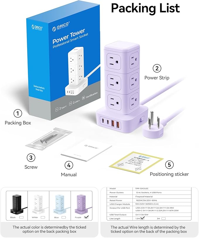 ORICO Power Strip Tower with Multiple Outlets, Tower Extension Cord with 12 AC Outlets 4 USB Ports (2 USB C), Space Saving Design, 5FT Cord Power Tower for Home, Office, Dorm - TPP20