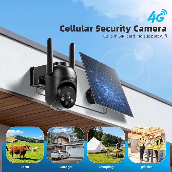4G LTE Cellular Security Camera 2 Pack, Built-in SIM Card, Solar Powered