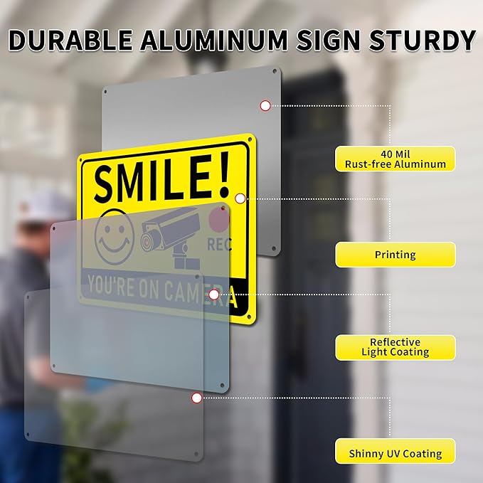 4 Pack Smile You're on Camera Signs – Video Surveillance Signs Outdoor, 10"x7" Rust-Free Aluminum Warning Sign, UV Printed, Weatherproof Security Camera Sign for Home, Business, Fence, Driveway, CCTV