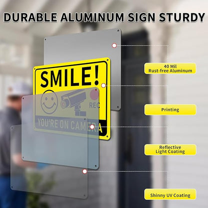 4 Pack Smile You're on Camera Signs – Video Surveillance Signs Outdoor, 10"x7" Rust-Free Aluminum Warning Sign, UV Printed, Weatherproof Security Camera Sign for Home, Business, Fence, Driveway, CCTV