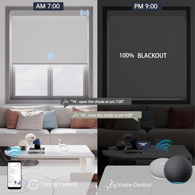 Motorized Blinds with Remote, Blackout Smart Blinds for Windows Automatic Roller Shades Compatible with Alexa, Motorized Shades Customized for Bedroom Home Office (Blackout-Light Grey)