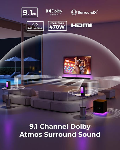 ULTIMEA 9.1ch Surround Sound System with Dolby Atmos, 2 Rear Speaker, 6.5" Wireless Subwoofer, RGB Light, App, Detachable Surround Sound System for Home Theater, Peak Power 470W, HDMI eARC, Apollo S90