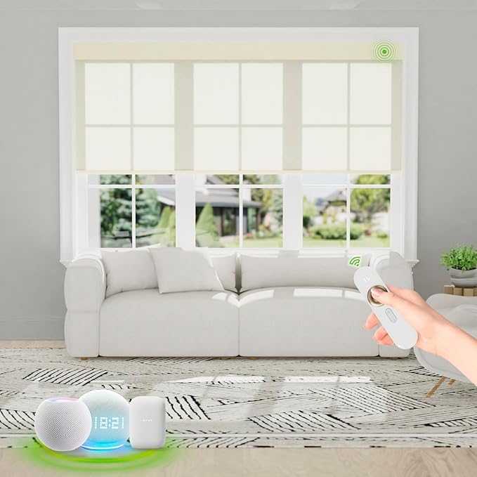 Motorized Blinds with Remote [Light Filtering] Smart Blinds Compatible with Alexa Google HomeKit, 60% Blackout Automatic Roller Shades for Indoor Windows, Customized Size, Pure Beige
