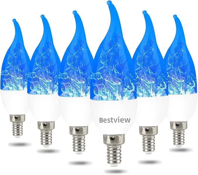 Bestview LED Flame Effect Light Bulbs,3 Modes Flickering Light Bulbs, Smart E12 Chandelier Base Candle Fire Light Bulb for Halloween, Christmas,Party, Porch Indoor&Outdoor Decoration -6 Pack(Blue)