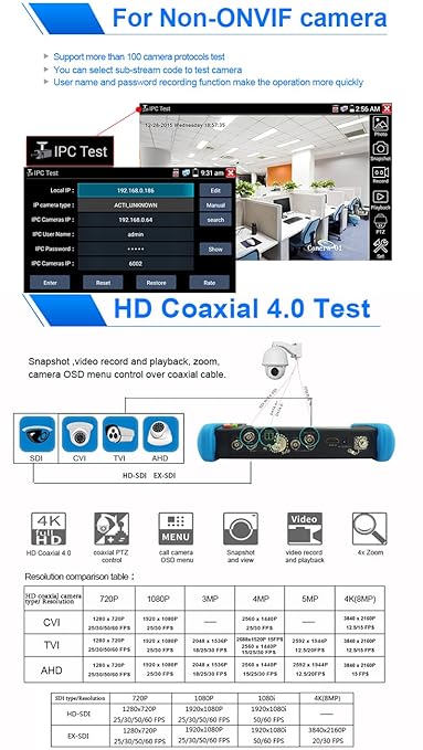 CCTV Tester IPC-9800MOVTADHS 7'' IPS Touch Screen WiFi 4K H.265 HDMI Tester for 8MP CVI TVI AHD SDI CVBS Cameras, Support PTZ Control & Analog Testing