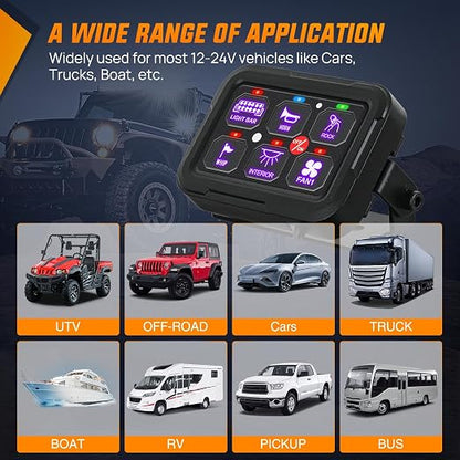Nilight 6 Gang Switch Panel Relay System w/APP Control Automatic Dimmable | RGB Backlight Panel Circuit Control 2-side Output Fuse Wiring Harness ON Off LED Switch Pod for 12V 24V Car Truck Camper SUV