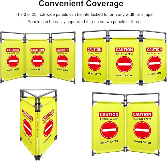 3 Panels Safety Barricade 5.8FT Foldable Security Sign Barrier Gate with Heavy Duty PVC Frame High Visibility Caution Symbol Crowd Control Restricted Area Pedestrian Barricade (Yellow-1)