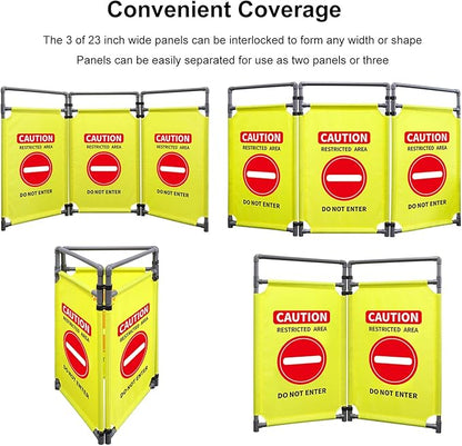 3 Panels Safety Barricade 5.8FT Foldable Security Sign Barrier Gate with Heavy Duty PVC Frame High Visibility Caution Symbol Crowd Control Restricted Area Pedestrian Barricade (Yellow-1)
