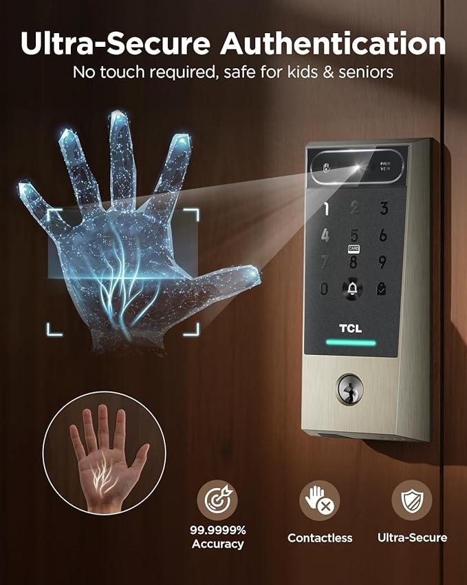 TCL D2 Pro Smart Lock with Palm Vein Recognition, Keyless Entry Door Lock for Front Door, Wi-Fi Keypad Deadbolt, App Remote Control, Auto Lock, Rechargeable Battery, Compatible with Alexa & Google