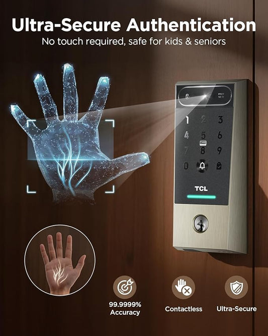 TCL D2 Pro Smart Lock with Palm Vein Recognition, Keyless Entry Door Lock for Front Door, Wi-Fi Keypad Deadbolt, App Remote Control, Auto Lock, Rechargeable Battery, Compatible with Alexa & Google