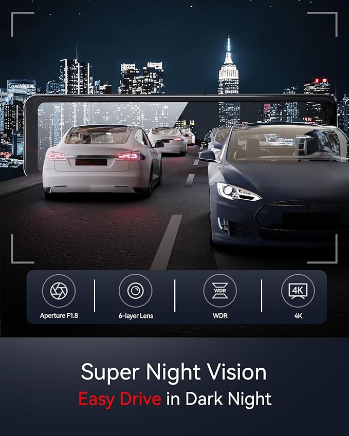 REDTIGER T700 Rear View Mirror Camera 11'' 4K UHD Front and 1080P Mirror Dash Cam Front and Rear, GPS,Parking Monitor,Night Vision,Smart Reverse Parking Assistance,Touch Screen, 32 GB Card