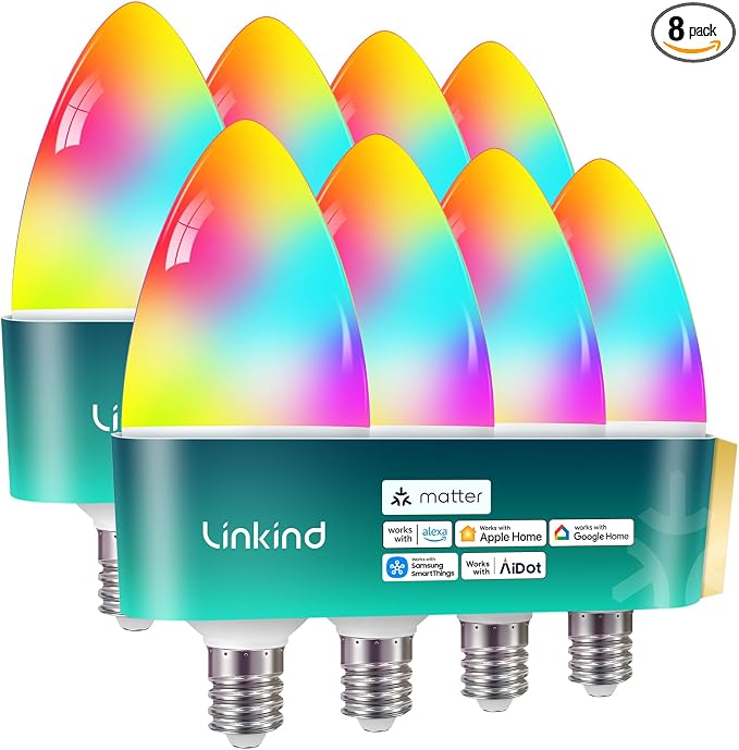 Linkind Matter E12 Led Bulb, Color Changing Smart Light Bulbs, 8 Pack | Works with Alexa/Apple Home/Google Home, Decorative Candelabra Light Bulbs for Chandelier, Tunable White, 2.4G WiFi, 500LM