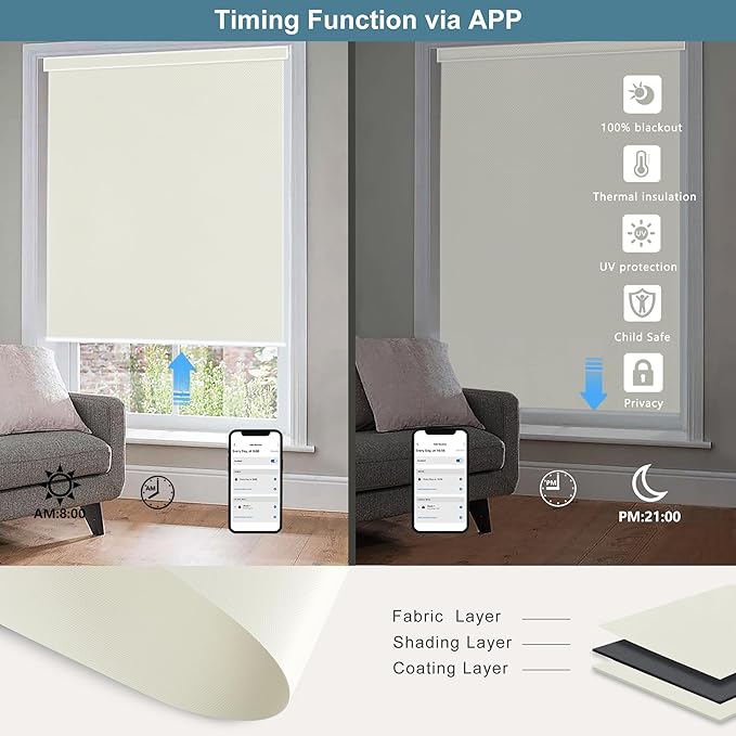 Bringnox Motorized Blinds with Remote,100% Blackout Smart Roller Blinds Compatible with Apple Homekit Google Home and Alexa Via HUB,and Customized (Vinyl Beige-13)