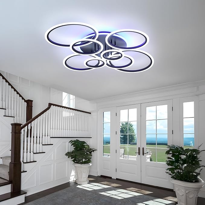 80W LED Ceiling Light, Modern Dimmable Flush Mount with Remote Lamp | Modern Black Flush Mount Fixture with RGB Ambient Backlight, Dimmable 3000K-6000K,10%-100% Brightness for Living Room Bedroom