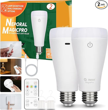 Neporal MagixPro Rechargeable Light Bulbs with Remote, USB + Socket Rechargeable, 1800mAh Large Battery Light Bulb, 3 Color Shift + Stepless Dimmable, A19 E26 Emergency Light Bulb, 15W (MagicPro, 2)