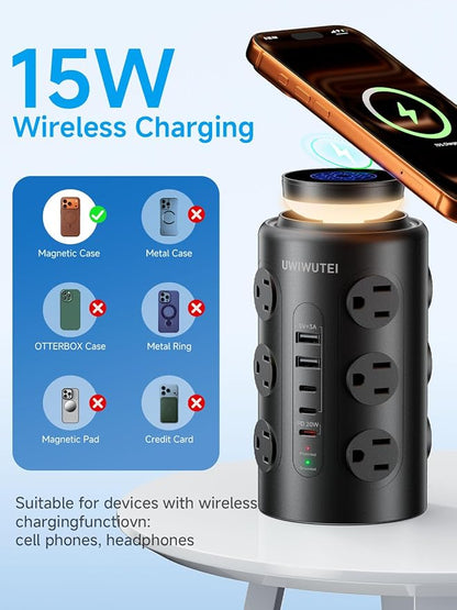 Tower Power Strip with Wireless Charging & Night Light - PD20W Fast Charging Station,12 Outlets, 5 USB (3 USB-C),1800J Protection, 10FT Extension Cord, Home Office Essentials(Black)