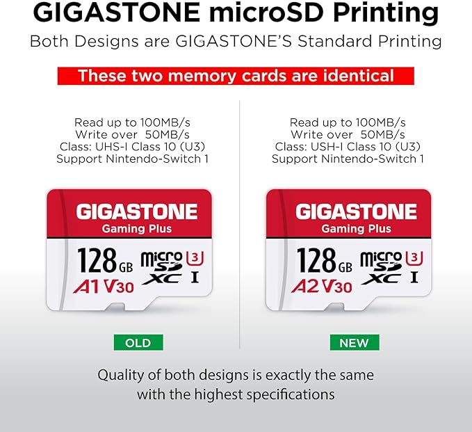[Gigastone] 128GB Micro SD Card, Gaming Plus, MicroSDXC Memory Card for Nintendo-Switch 1, Wyze, GoPro, Dash Cam, Security Camera, 4K Video Recording, UHS-I A1 U3 V30 C10, up to 100MB/s, with Adapter