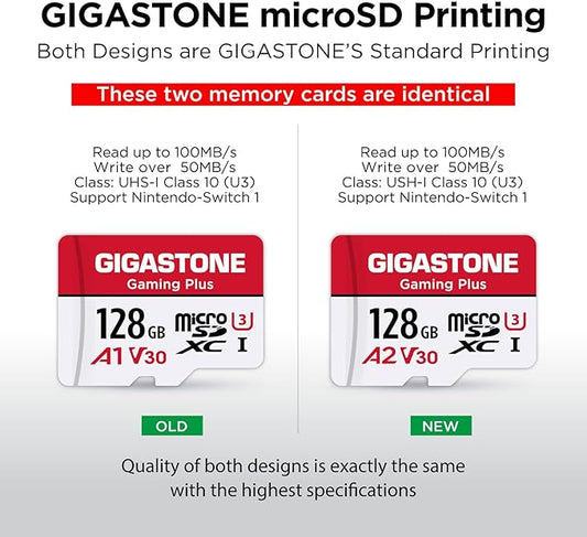 [Gigastone] 128GB Micro SD Card, Gaming Plus, MicroSDXC Memory Card for Nintendo-Switch 1, Wyze, GoPro, Dash Cam, Security Camera, 4K Video Recording, UHS-I A1 U3 V30 C10, up to 100MB/s, with Adapter