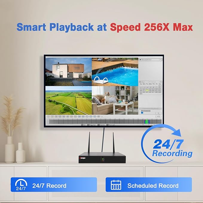 4K WiFi Security Camera System, 4X 3MP Plug-in Home Security Cameras 24/7 Recording, Dual Warning 8 Channel 265+ WiFi NVR, NO Hard Drive, 2 Way Audio, AI Detection, Color Night Vision