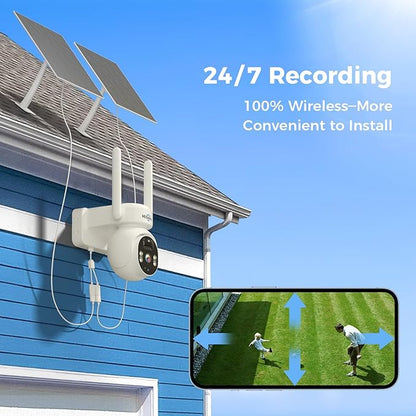 Hiseeu Solar Powered Security Camera, 24/7 Recording, 4MP 100% Wireless Outdoor Camera, 360° PTZ View, PIR Motion Detection, Color Night Vision, 2-Way Audio, IP66 Waterproof, No Monthly Fees