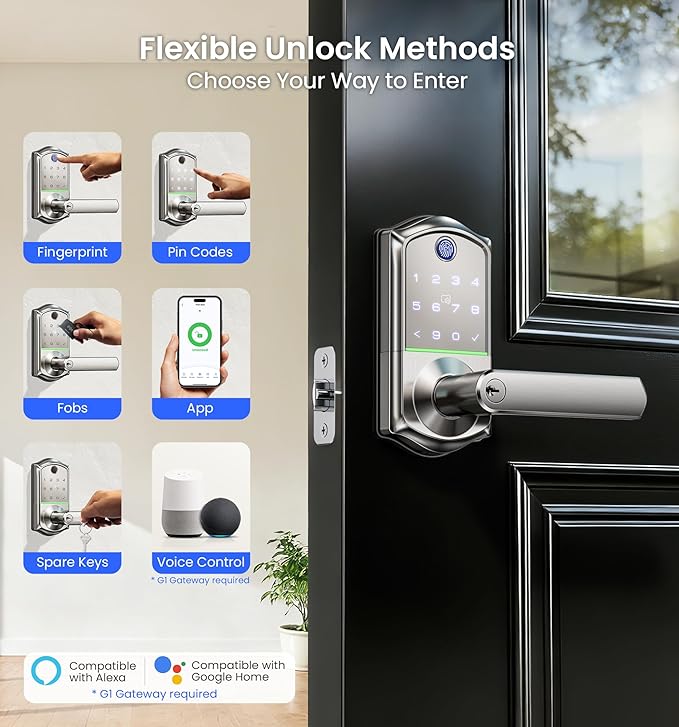 Veise VE019 Fingerprint Smart Lever Lock, App Control, Keyless Entry Door Lock with Handle, Touchscreen Keypad Knob for Front Door and Bedroom, Remote Access Sharing, IP55 Waterproof, Satin Nickel