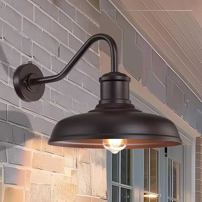 13.8'' Large Dusk to Dawn Outdoor Gooseneck Barn Light, 2-Pack Outdoor Wall Sconce Farmhouse Exterior Light Wall Lighting Fixture Industrial Lantern for Porch, Entryway, Garage, Brown