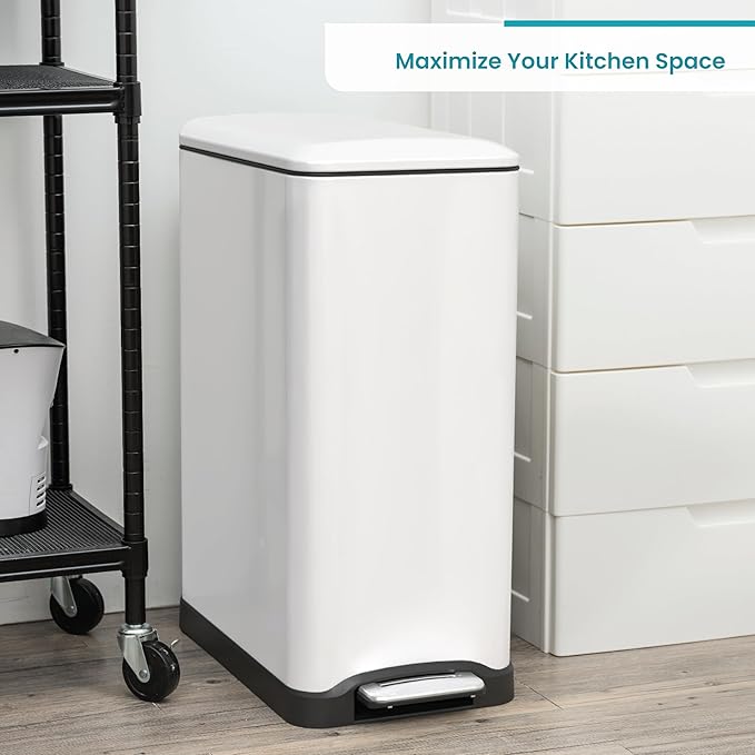 Home Zone Living 13 Gallon Slim Kitchen Trash Can with Dual Compartments for Recycling, Stainless Steel, White, 50 Liters Total