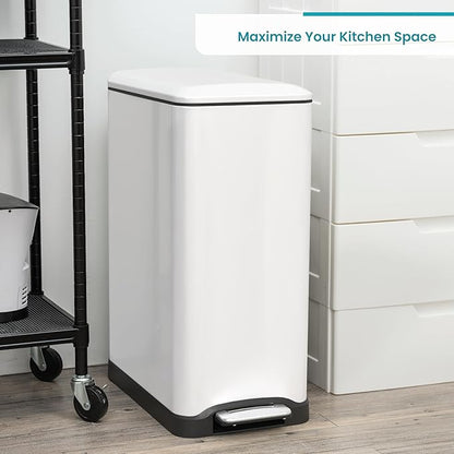 Home Zone Living 13 Gallon Slim Kitchen Trash Can with Dual Compartments for Recycling, Stainless Steel, White, 50 Liters Total
