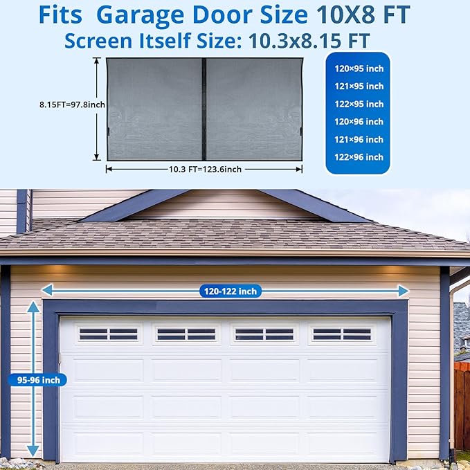Garage Door Screen For 1 Car 10x8FT, Magnetic Screen Garage with Retractable Fiberglass Mesh and Heavy Duty Weighted Bottom, Easy Assembly & Pass, Hands Free Screen Door w/ 40 Magnets for Garage/Patio